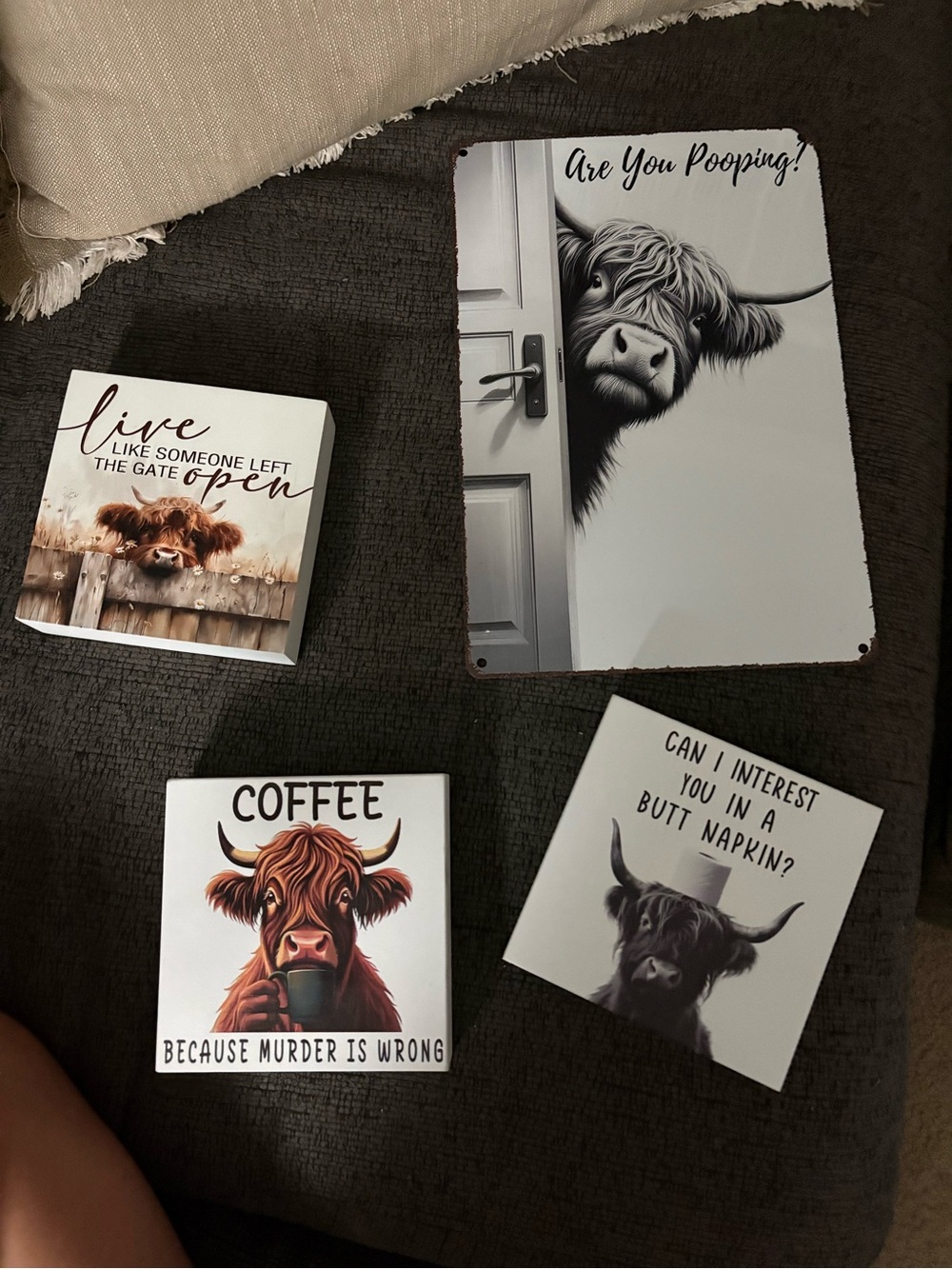 Rustic Cow Wall Signs - Set of 4 - Brown and White